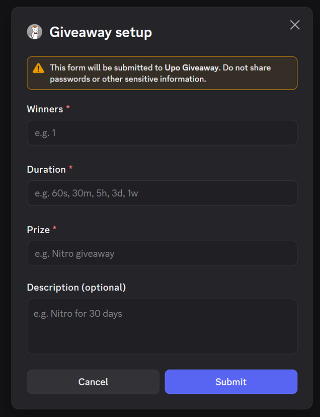 Upo Giveaway creation modal inside Discord